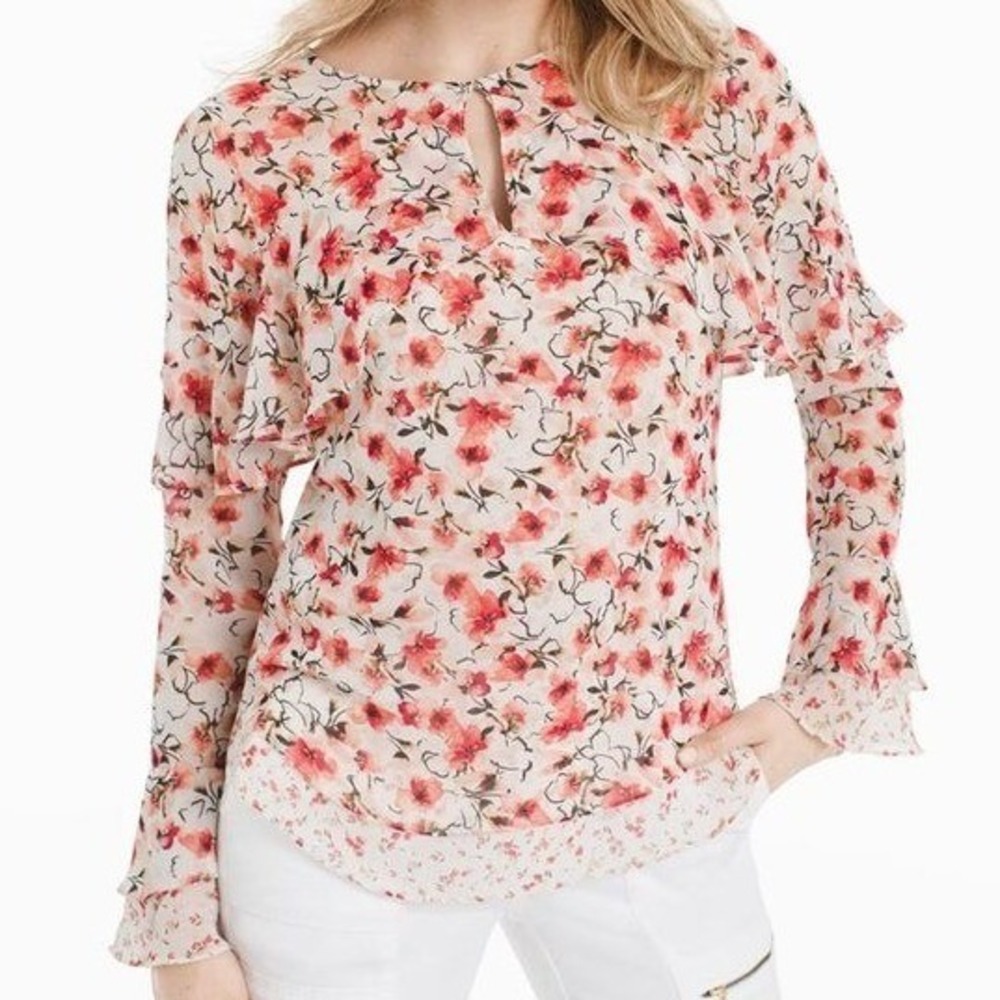 WHITE HOUSE BLACK MARKET Calico Floral Print Ruffle L/S Blouse EUC Size 8